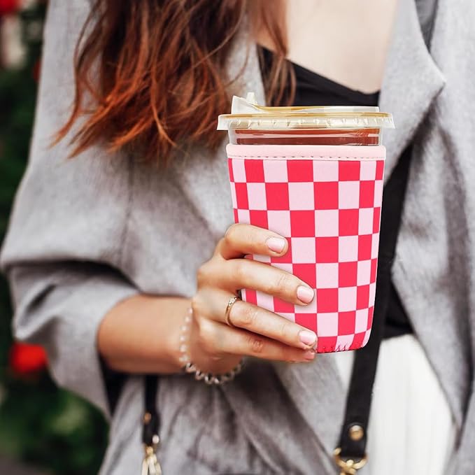 Reusable Insulated Neoprene Iced Coffee Cup Sleeve, Durable Drink Sleeve for Cold Beverages, Beverage Holder for Iced Coffee, Pink Grid