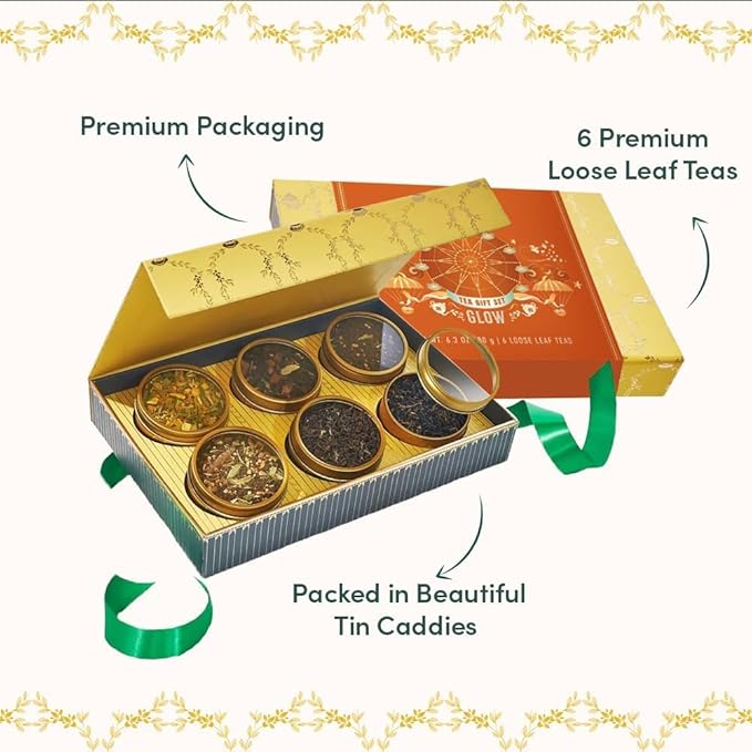 VAHDAM, GLOW - Assorted Valentines Day Tea Gift Set (6 Loose Leaf Tea) Tin Caddy Presentation Box | Gluten Free, Non GMO | Valentines Day Gifts for Him & Her