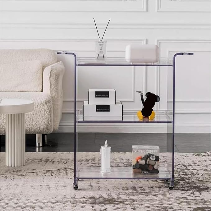 3-Tier Bar Cart Rolling Serving Cart with Handle, Mobile Kitchen Storage Trolley Organizer with Lockable Casters, Commercial Grade Tiered Shelf for Home, Kitchen, Cafe(Clear)