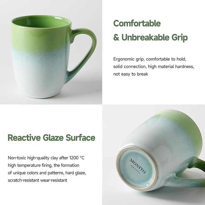 MONITO 14 OZ Coffee Mugs Set of 6, Large Ceramic Coffee Mugs，Modern Coffee Mugs Set with handle for Tea/Latte/Cappuccino/Milk/Cocoa, Funny Tea Cups for Office and Home (White-green)