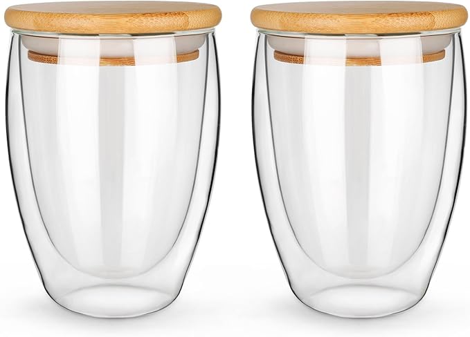 Glass Mug Set of 2, 12 Ounces Each, Double Wall Insulated Drinking Cup with Bamboo Lid, Also Good as Tea, Coffee and Wine Cups. Keeps Warm and Cold Drinks Longer. Comfortable to Touch