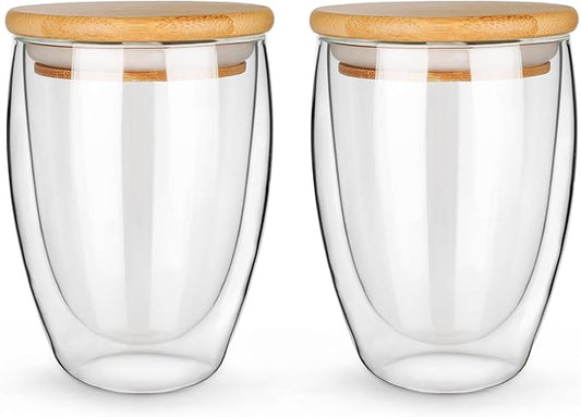 Glass Mug Set of 2, 12 Ounces Each, Double Wall Insulated Drinking Cup with Bamboo Lid, Also Good as Tea, Coffee and Wine Cups. Keeps Warm and Cold Drinks Longer. Comfortable to Touch