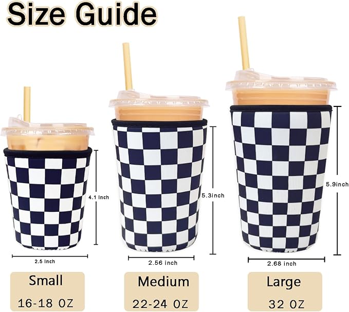 Reusable Insulated Sleeve for Iced Coffee Cup, Coffee Neoprene Sleeve for Cold & Hot Drinks, Beverage Holder for Iced Coffee (Checker Grid, Small: 16-18oz)