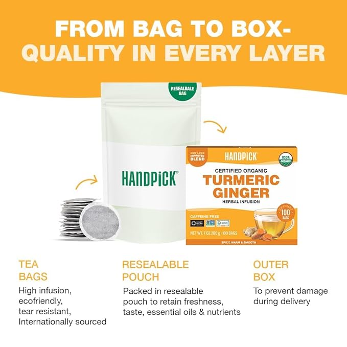 HANDPICK, Organic Turmeric Ginger Tea (100 Tea Bags) | Indian Origin | Caffeine Free, Gluten Free, Non-GMO | Savory & Spicy I Ecofriendly round tea bags