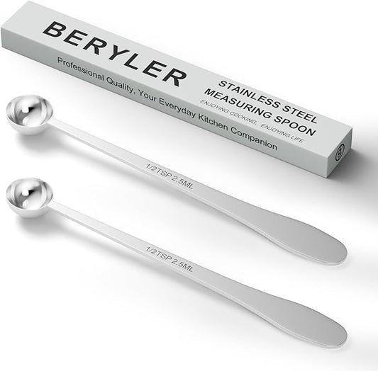 BERYLER 2PCS 1/2 Teaspoon(1/2tsp, 1/6tbsp, 2.5 ml) Single Measuring Spoon, Extra-long Handle Individual Measure Scoop, Stainless Steel Spoons Only