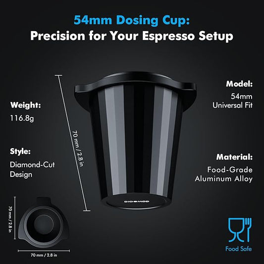 54mm Portafilter Dosing Cup, Aluminum Alloy with Grinder-Activating Ring & Anti-Static Coating Fits Breville 54mm Machines, Espresso Barista Accessories (53.3mm, Black)