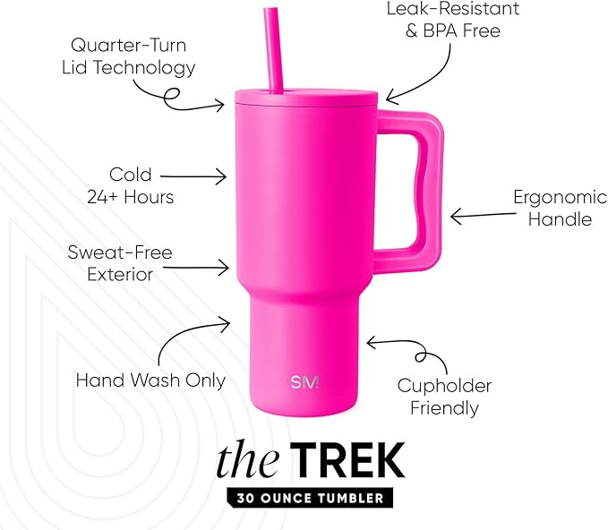 Simple Modern 30 oz Trek Tumbler with Handle and Straw Lid | Cup Holder Friendly Insulated Stainless Steel Travel Mug | Raspberry Vibes