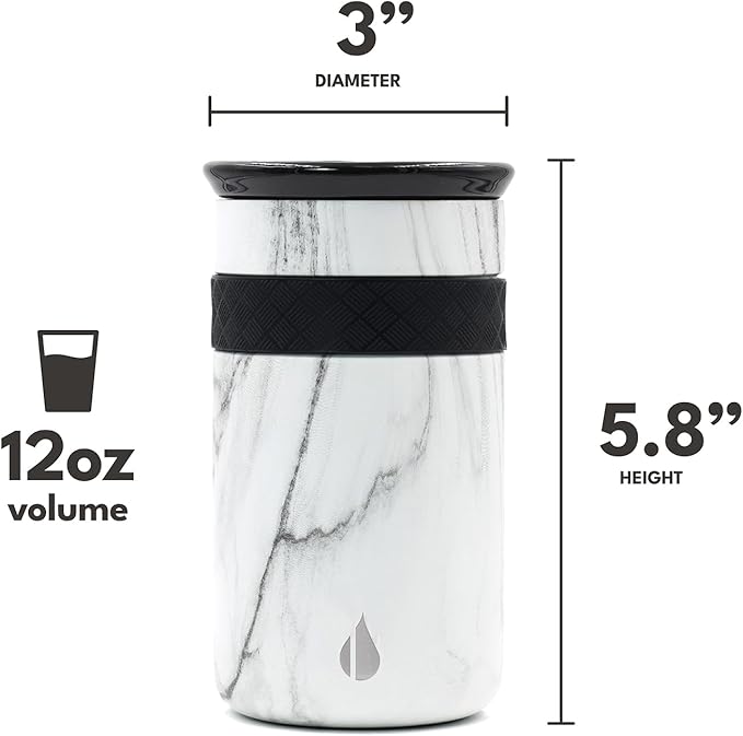 Elemental Artisan Insulated Tumbler, Triple Wall Coffee Travel Mug, Reusable Stainless Steel Coffee Tumbler with Ceramic Lid, Thermal Coffee Cups for Hot (6 Hrs) & Cold (18 Hrs), 12oz - White Marble