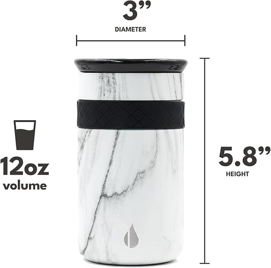 Elemental Artisan Insulated Tumbler, Triple Wall Coffee Travel Mug, Reusable Stainless Steel Coffee Tumbler with Ceramic Lid, Thermal Coffee Cups for Hot (6 Hrs) & Cold (18 Hrs), 12oz - White Marble