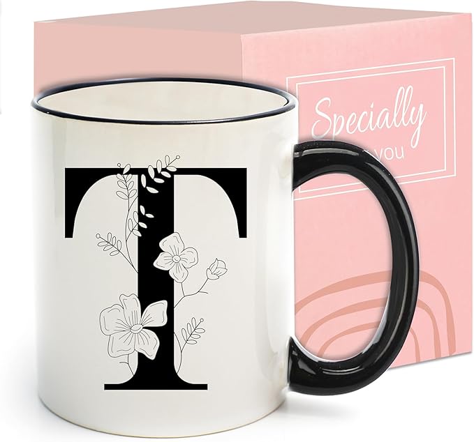 Monogram Ceramic Coffee Mugs, 11 oz Initial Drinking Cup with Gift Box, Unique Birthday Valentines Day Gifts for Women Wife Mothers Day Grandma Mom Aunt, T