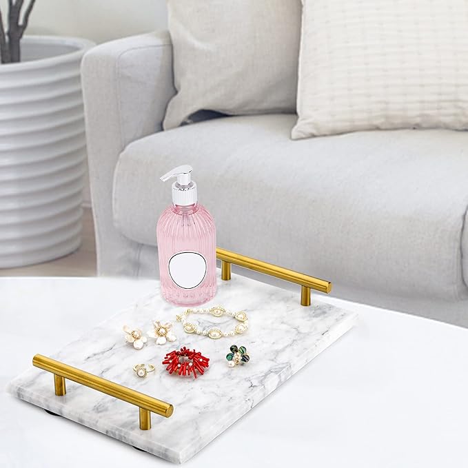 DEAYOU Decorative Tray with Gold Handles, Natural Marble Stone Tray, 12" Nightstand Serving Tray with Metal Handle, Perfume Tray Pastry Food Board for Bathroom, Vanity, Coffee Table, Desk, White