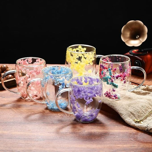 Double Wall Glass Coffee Mugs, 12 oz Clear Floral Insulated Glass Cups with Handle, Hand Blown Borosilicate Coffee Mug for Espresso, Cappuccino, Latte, Tea & Hot Beverages (Yellow)