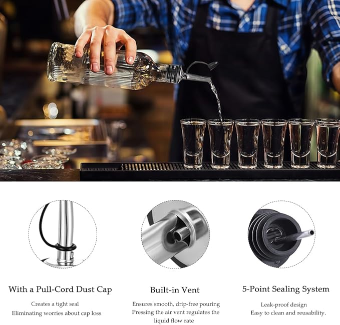 6 Pack Leak-Proof Dust Cap Wine Pourers,Stainless Steel Bottle Pourers for Alcohol, Olive Oil & Syrups- Fast, Controlled Pouring,Bar & Home Kitchen Accessories