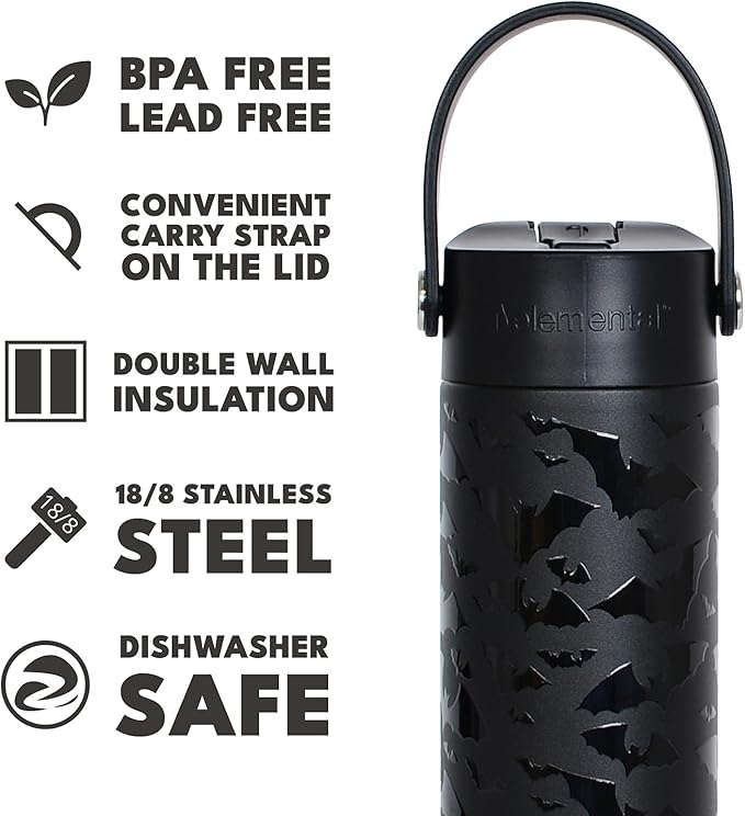 Elemental 24oz Insulated Water Bottle with Straw - 100% Leak-Proof Stainless Steel Core Water Bottles for Travel, Sports and Gym - Double Wall Insulation & BPA Free - Night Flight