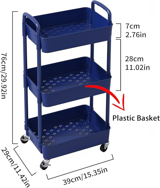 Sywhitta 3-Tier Plastic Rolling Utility Cart with Handle, Multi-Functional Storage Trolley for Office, Living Room, Kitchen, Movable Storage Organizer with Wheels, Blue