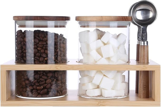 KKC HOME ACCENTS Vacuum Sealed Sugar Coffee Container set with Spoon for Countertop,Glass Sealed Jar Canisters with Wood Lids for Loose Leaf Tea,Sugar,Salt,25 Fluid-oz
