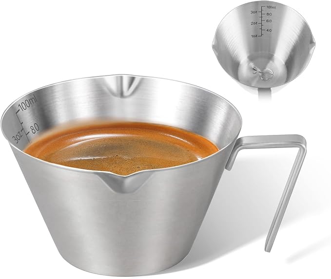 carrottimes 1Pc Stainless Steel Espresso Cups, Double Spout Metal Measuring Cup with Dual Scale, Espresso Shots Cup with Handle, 3.4oz/100ml