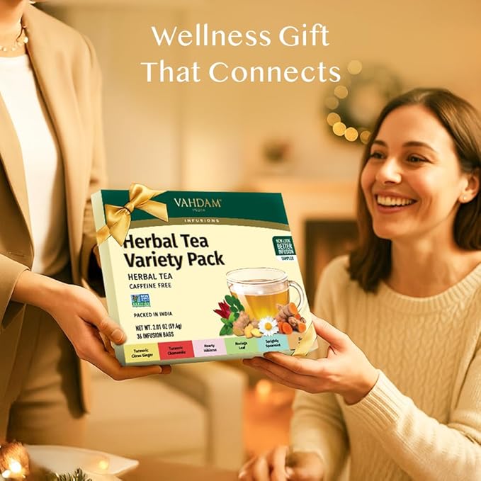 VAHDAM, Assorted Herbal Tea Gift Set (36 Tea Bags, 6 Flavors) Caffeine-Free, Non-GMO | Double Infusion, Individually Enveloped Tea Bags | Herbal Tea variety Pack | Valentines Day Gifts for Him & Her
