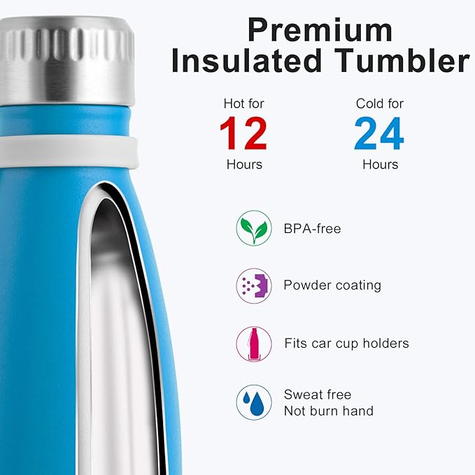 koodee Kids Insulated Water Bottle 2 Pack-17 oz Stainless Steel Double Wall Vacuum Insulated Water Bottle for School, Cola Shape Leak Proof Sports Flask (Aquamarine Blue-Sky Blue)