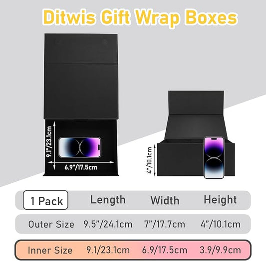 9.5x7x4 Inches Gift Box with Magnetic Closure Lid, Black Magnetic Box for Wedding, Groomsmen Bridesmaid Proposal, Birthdays, Mother's Day, 1 Pack