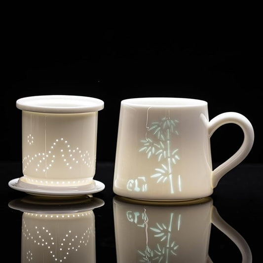Ceramic Tea Mug with Infuser & Lid - 10.6oz Handcrafted Translucent Cup, Loose Leaf Tea Cup with Infuser, Insulated Ceramic Coffee Mugs with Lid，Perfect Gift Set for Women/Men