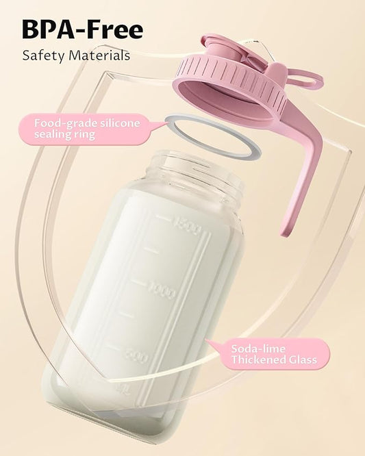64oz Glass Breast Milk Pitcher with Lid – Leak-Proof & Airtight Formula Breastmilk Pitcher, 1/2 Gallon Storage Container for Breastmilk, Formula, and Milk