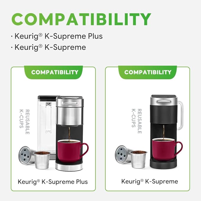 4 Pack Stainless Steel Reusable K Cups for K eurig Supreme & Supreme Plus, Five Hole Universal K-eurig Reusable Refillable coffee pod filter 2 Stainless Steel Spoons 2 Brushes