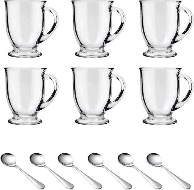 Clear Glass Coffee Mugs Set of 6, Featuring easy-grip handles for secure holding, perfect for hot beverages like coffee, tea, cappuccino, latte, espresso, and cold drinks such as juice.