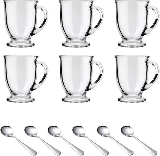 Clear Glass Coffee Mugs Set of 6, Featuring easy-grip handles for secure holding, perfect for hot beverages like coffee, tea, cappuccino, latte, espresso, and cold drinks such as juice.