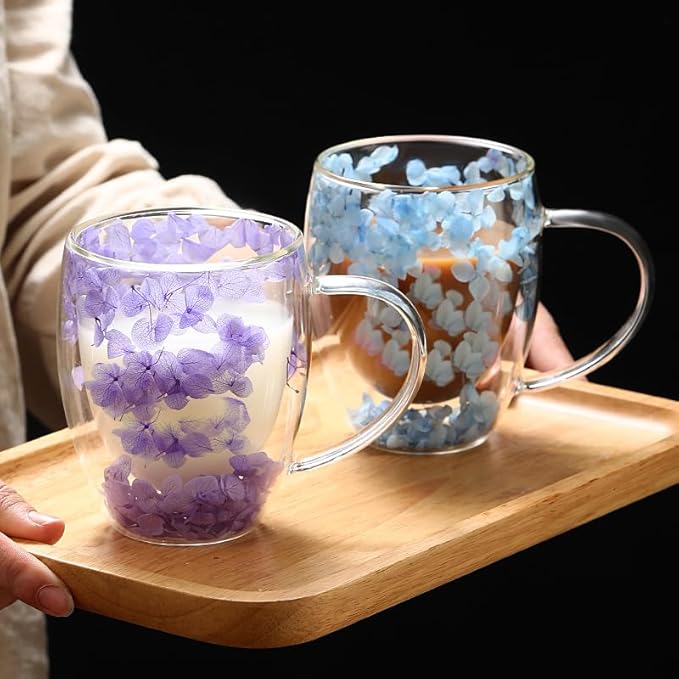 Double Wall Glass Coffee Mugs, 12 oz Clear Floral Insulated Glass Cups with Handle, Hand Blown Borosilicate Coffee Mug for Espresso, Cappuccino, Latte, Tea & Hot Beverages (Mix)
