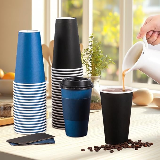SIUQ 100 Pack 16 oz Disposable Coffee Cups with Lids and Sleeves, To Go Paper Cups, Hot & Cold Drinking Cups for Tea, Coffee, Water, Hot Chocolate, Paper Coffee Cups Ideal for Home,Cafes,Store