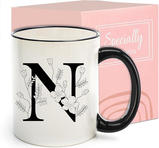 Monogram Ceramic Coffee Mugs, 11 oz Initial Drinking Cup with Gift Box, Unique Birthday Christmas Gifts for Women Wife Mothers Day Grandma Mom Aunt, N