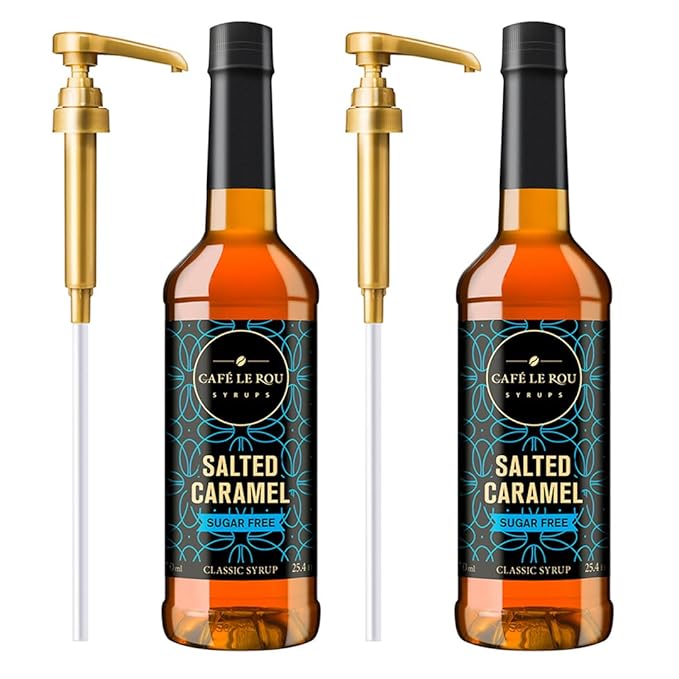 NEW Café Le Rou Coffee Syrup Sugar Free Salted Caramel, 25.4oz (Pack of 2)*Includes 2 Coffee Syrup Pumps*, Cafe Coffee Flavoring Syrup for Coffee, Tea, and Espresso