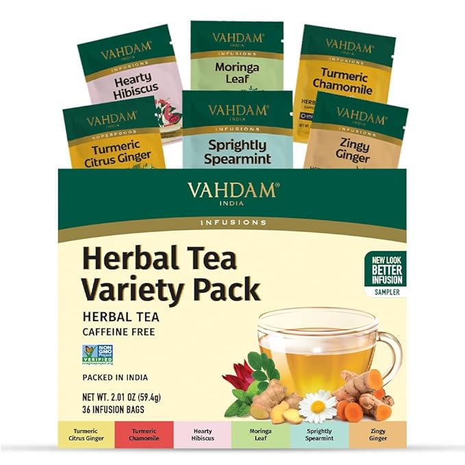 VAHDAM, Assorted Herbal Tea Gift Set (36 Tea Bags, 6 Flavors) Caffeine-Free, Non-GMO | Double Infusion, Individually Enveloped Tea Bags | Herbal Tea variety Pack | Valentines Day Gifts for Him & Her