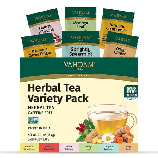 VAHDAM, Assorted Herbal Tea Gift Set (36 Tea Bags, 6 Flavors) Caffeine-Free, Non-GMO | Double Infusion, Individually Enveloped Tea Bags | Herbal Tea variety Pack | Valentines Day Gifts for Him & Her