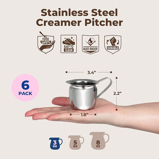Fit Meal Prep [6 Pack] 3 oz Creamer Pitcher - Stainless Steel Bell Creamers, Mini Cup Container for Serving Milk, Coffee Cream, Salad Dressing, Maple Syrup, Espresso Machine for Restaurant, Cafes