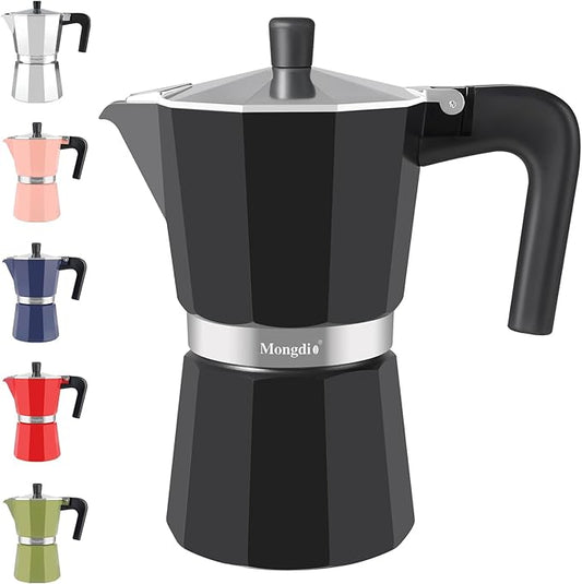 Mongdio Stovetop Espresso Maker Moka Pot, Stove Top Cuban Coffee Maker, Italian Greca Mocha Pot, 9 Espresso Cups, 15 oz - Black