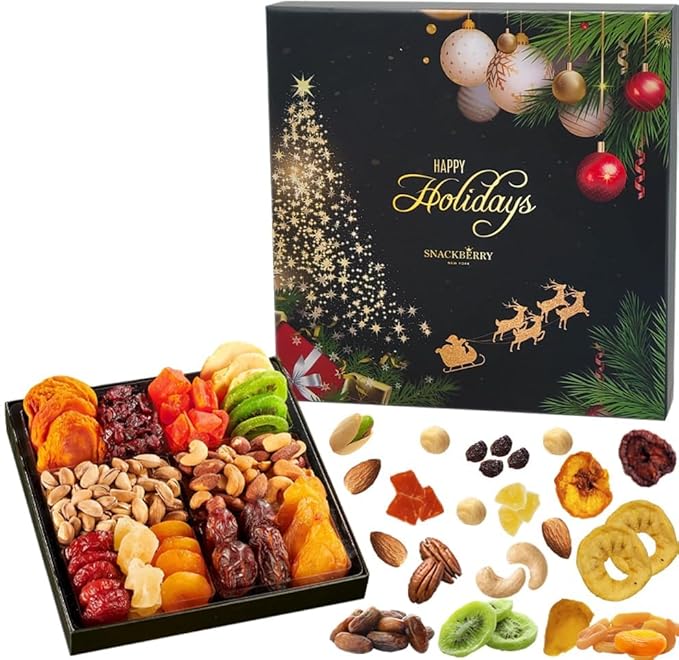 12-Pack Christmas Dried Fruit & Nuts Gift Basket Arrangement Platter, Gourmet Food Snack Box, Healthy Kosher (Style 1)