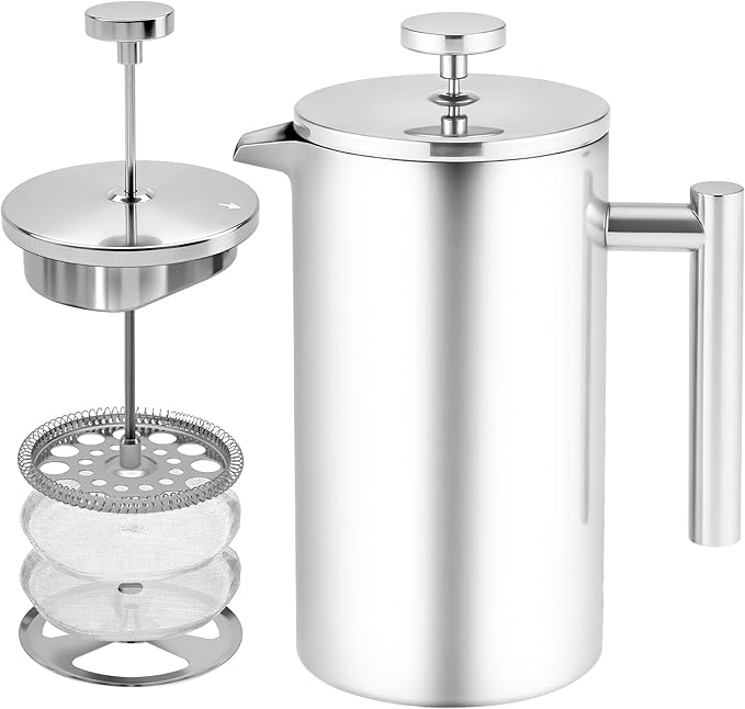CAOANTRY French Press Coffee Maker, 304 Grade Stainless Steel French Press with 2 Extra Filters for Home, Office, Travel, Camping - 34OZ/1 Litre (Sliver)