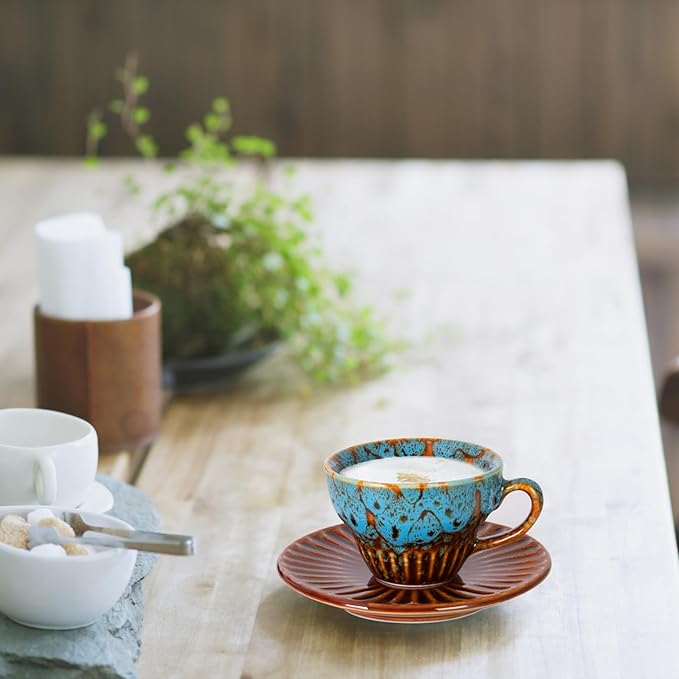 YINUOWEI 2 oz Espresso Cups Set of 2, Ceramic Cappuccino Cups with Saucers, Durable Porcelain Tea Set & Modern Coffee Cup Collection, Coffee Lover Gifts, Glazed Blue
