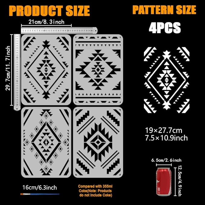 FINGERINSPIRE 4 Pcs Aztec Patterns Painting Stencil with Paintbrush 11.7x8.3inch Reusable Canvas Aztec Stencil for Crafts Geometric Boho Borders Pattern Stencils for Painting on Fabric, Wood, Walls