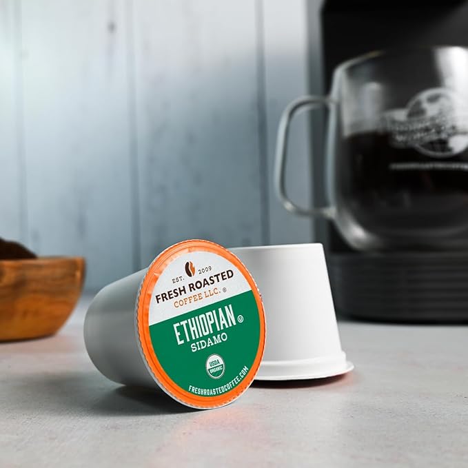 Fresh Roasted Coffee, Organic Ethiopian Sidamo |USDA Organic, 100% Single Origin, Kosher | Light Roast 24 Pods for K Cup Brewers