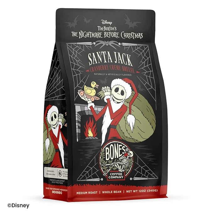 Bones Coffee Company The Nightmare Before Christmas Santa Jack Flavored Coffee Beans, Whole Bean Coffee Medium Roast Low Acid, Cranberry Creme Brulee Flavor (12 oz)