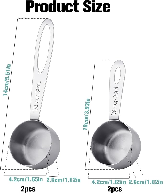 4Pcs 1/8 Cup Measuring Cup, 30ml Scoop, Stainless Steel Measuring Cups, Coffee Scoops, Measuring Scoops Tablespoon Measure Spoon, Short Handle & Long Handle Cooking Measuring Scoop(30ML)