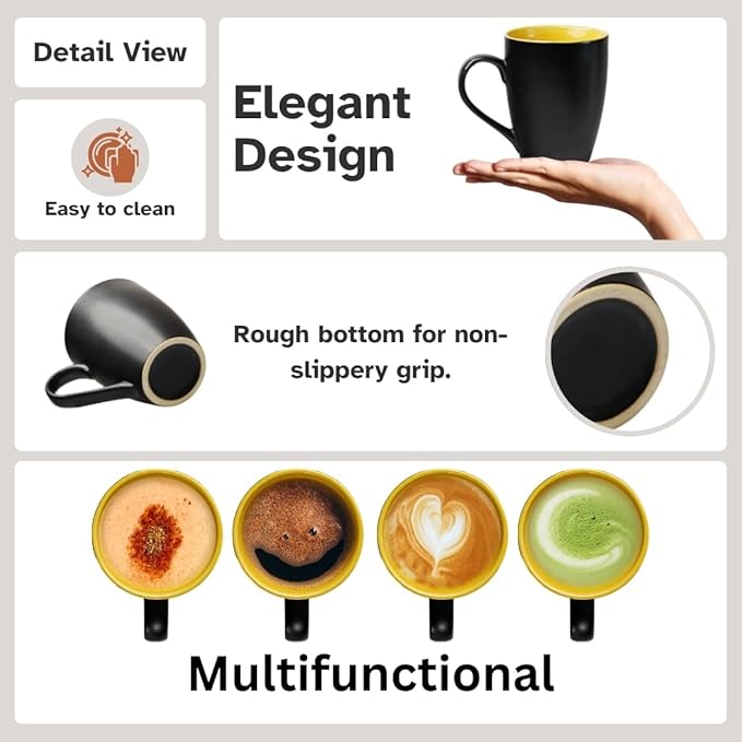 Servo Best Black Coffee Mugs 12 oz, Set of 6 Matte Black Outside and Multicolour Inside Ceramic Mugs - Lead & Toxic Free, Dishwasher & Microwave Safe, Perfect for Home & Office Use