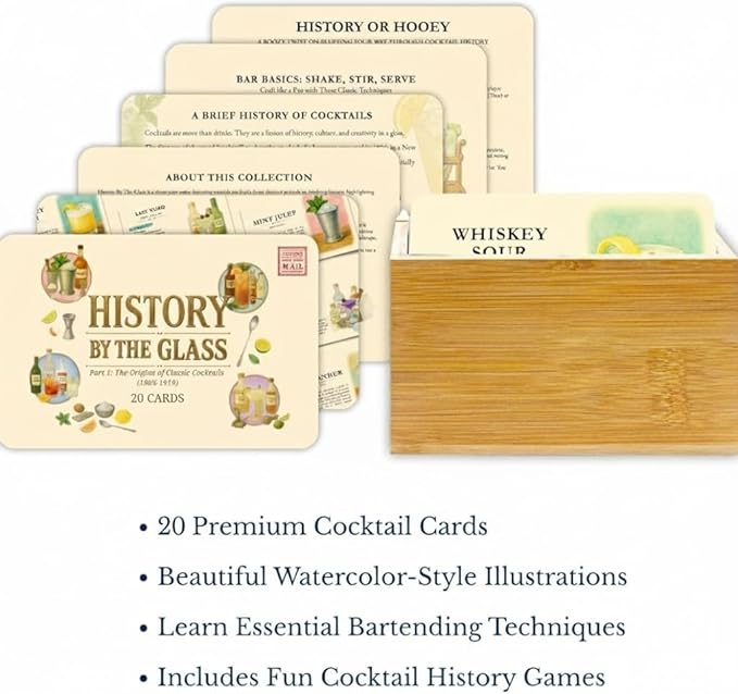 History By The Glass: Classic Cocktail Origins 1806–1919, 20 Illustrated Recipe & Reference Cards, Vintage Art Card Collection, Historic Drink Guide Set, Unique Gift for Home Bar or Collectors
