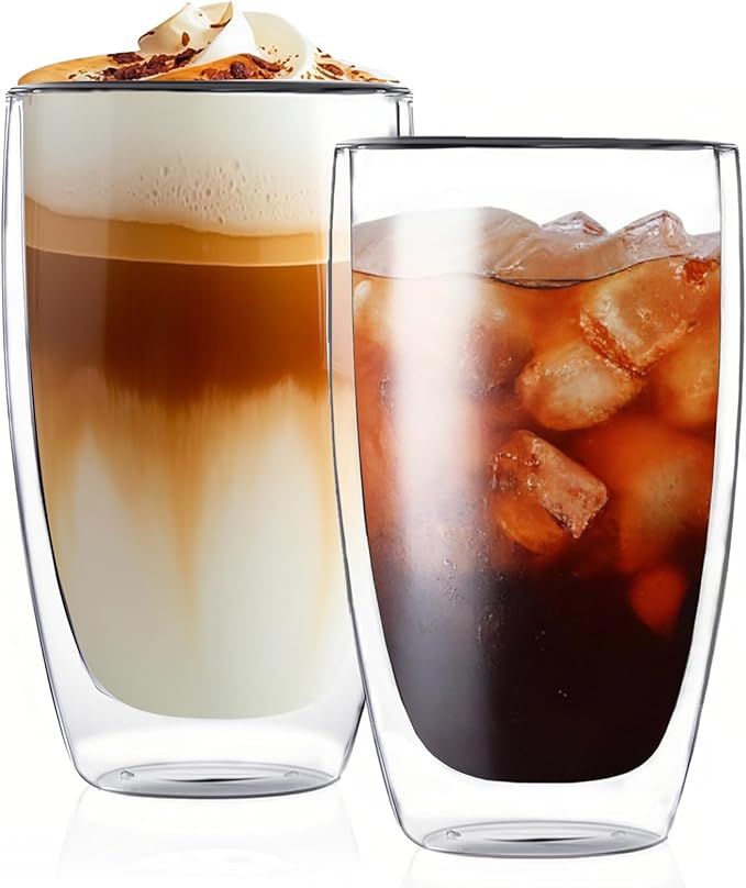 17oz Double Wall Glass Coffee Mugs Set of 2, Insulated Coffee Mug, Clear Borosilicate Glass Coffee Cups for Cappuccino, Tea, Lightweight and Microwave Safe