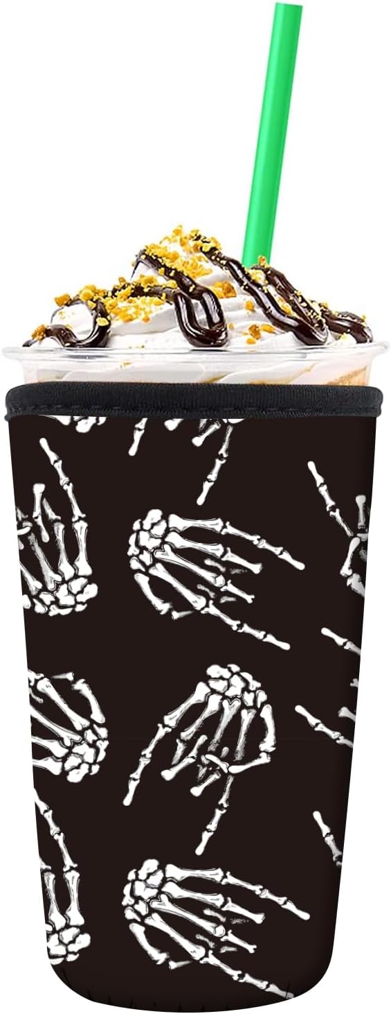 Reusable Neoprene Insulator Sleeve for Iced Coffee Cold Soda Cups, Cute Durable Drink Sleeve for Cold Beverages, Medium 22-28oz Cup Sleeve Cool Skull Finger