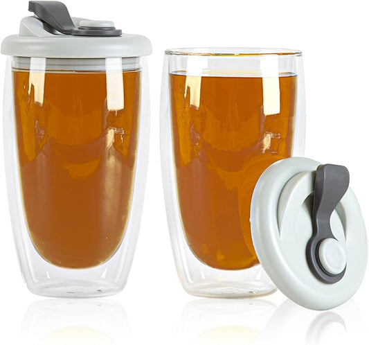 Restaurantware - Forma Professional 15.2 Ounce Insulated Travel Mug With Lid, 1 Double Wall Coffee Mug - Includes Lid, Reusable, Clear Borosilicate Glass Tumbler, Dishwashable, Microwavable