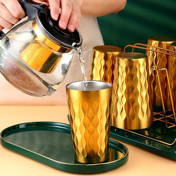 10oz Stainless Steel Cup Set, 6Pcs Double Wall Metal Cup，Vacuum Stackable Insulated Portable Drinking Tumblers Unbreakable Glasses，for Home Outdoor Restaurant(Gold)